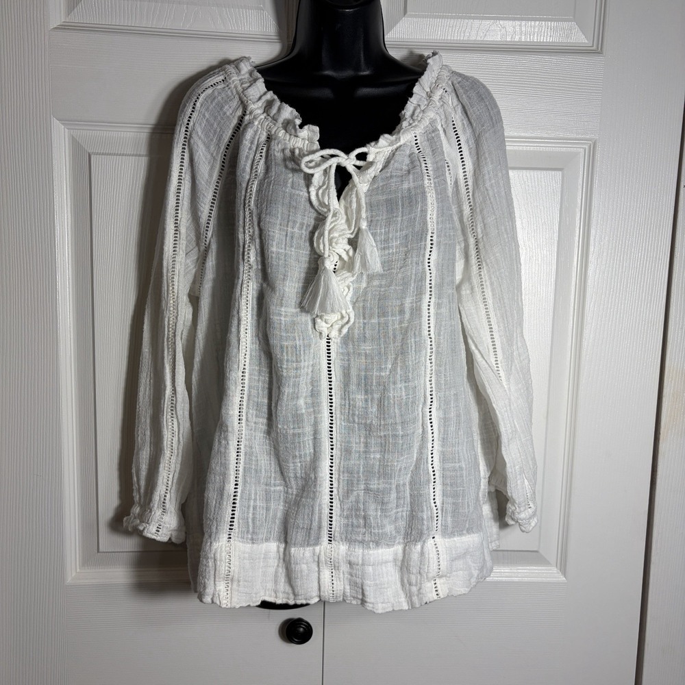 Sundance Gauze Shirt Petite M Off White Cotton Blend Tassel Tie Peasant Blouse